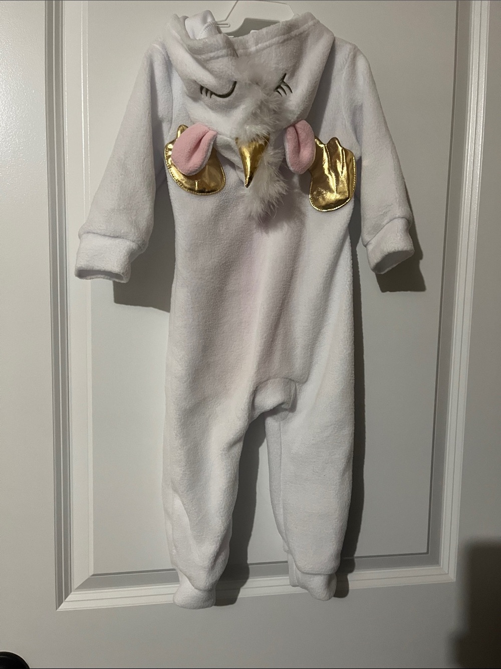 Amazon White Plush Unicorn Baby One-Piece with Gold Horn & Pink Ear Accents